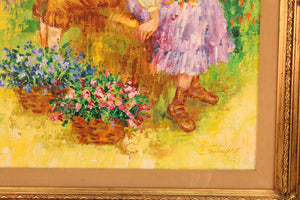 Karin Schaefers Signed Painting Titled 'Children Holding Flowers in a Field signiture (6719823872157)