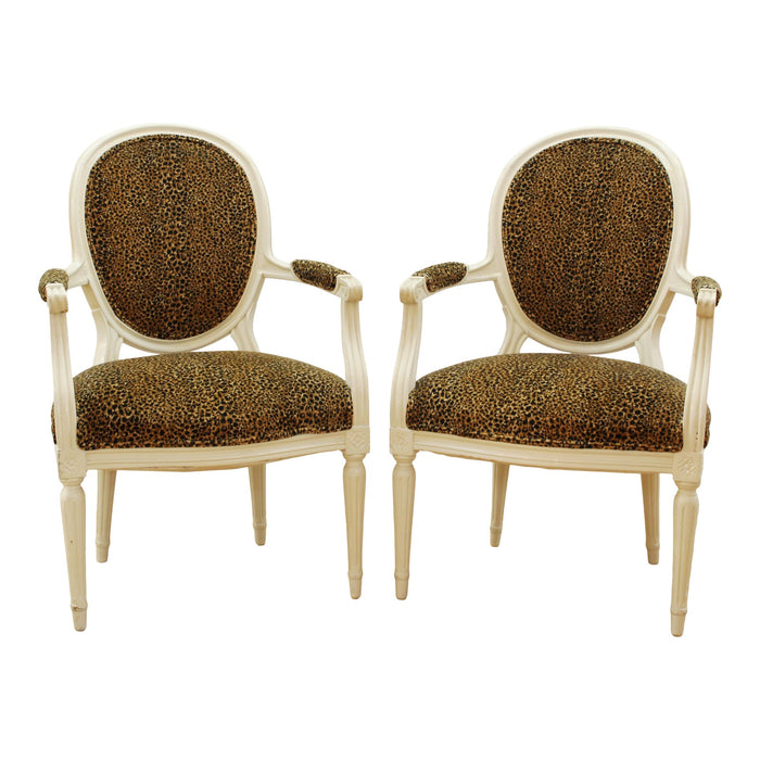 Louis XVI Style Armchairs With Leopard Velvet Upholstery
