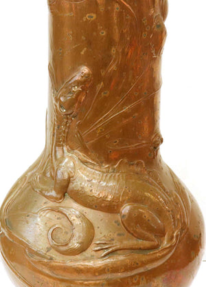 Ludwig Vierthaler German Jugendstil Lizard & Dragonfly Repousse Copper Vase (6719979094173)