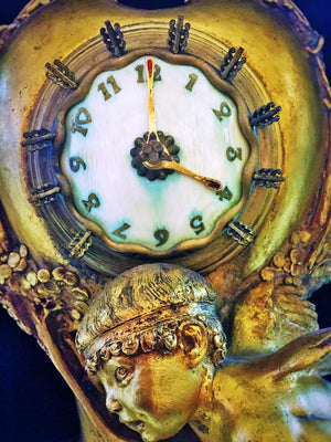 Max Blondat "L'amour non partage" Art Nouveau Gilt Bronze Timepiece Signed and Dated 1914 cupid and clock face detail (6719767445661)