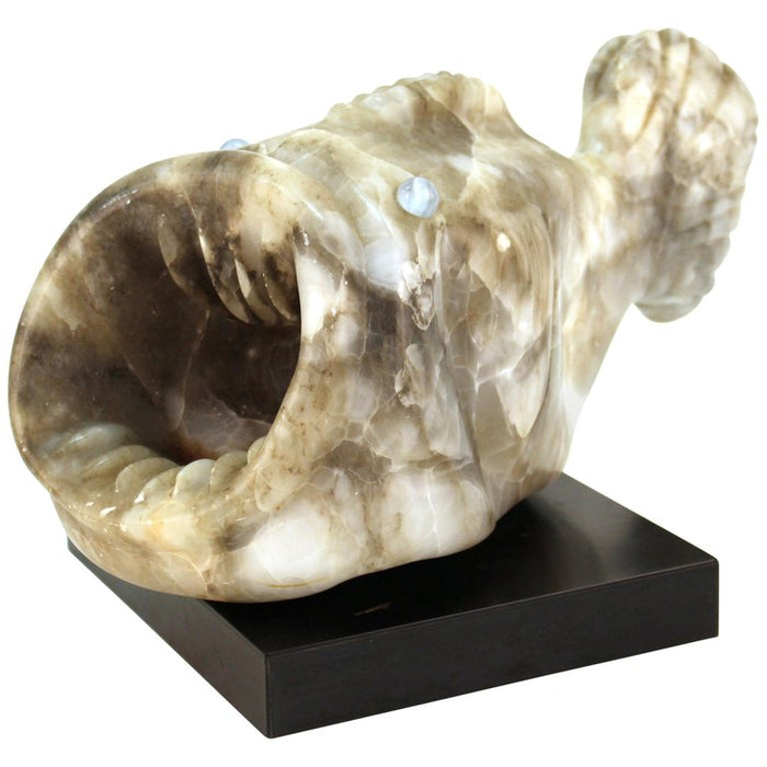 Mid-Century Modern Blowfish Sculpture in White Stone with Glass Marble Eyes