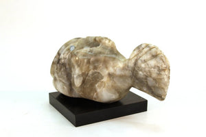Mid-Century Modern Blowfish Sculpture in White Stone with Glass Marble Eyes three quarters (6719865389213)