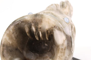 Mid-Century Modern Blowfish Sculpture in White Stone with Glass Marble Eyes mouth detail (6719865389213)