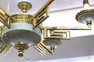 Mid-Century Modern Brass and Porcelain Chandelier in Manner of Tommi Parzinger detail (6719873482909)
