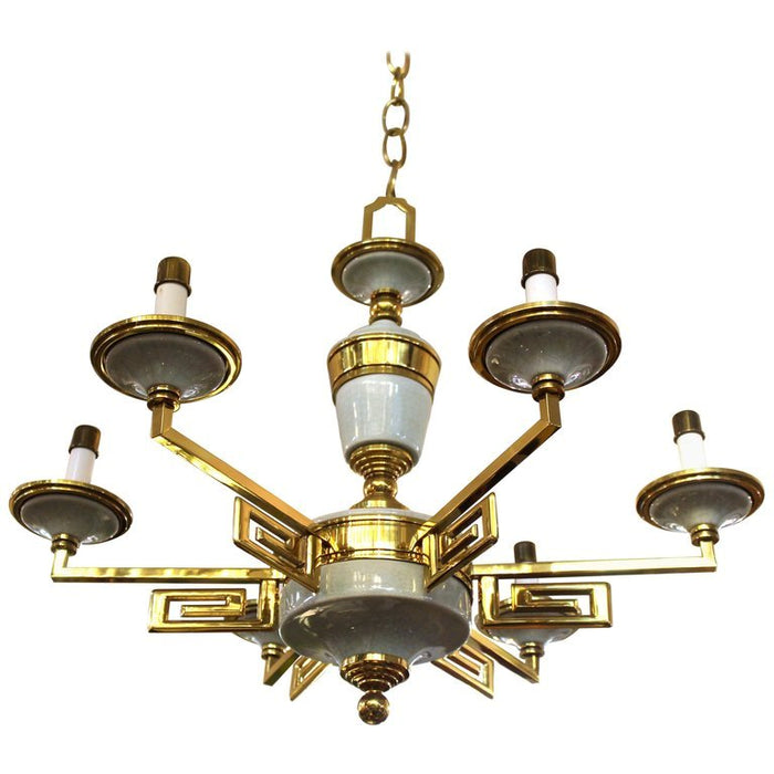 Mid-Century Modern Brass and Porcelain Chandelier in Manner of Tommi Parzinger