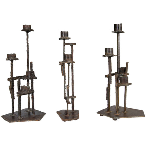 Paul Evans Brutalist Set of Three, Welded Steel Candlesticks