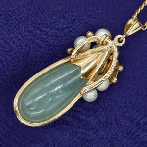 Ming's Pendant, Necklace and Earrings Set in Gold with Jade and Pearl Back of Pendant  (6719963758749)