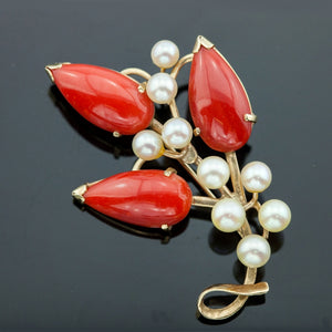 Ming's Brooch in 14K Yellow Gold with Coral and Pearls Main Image (6719771508893)