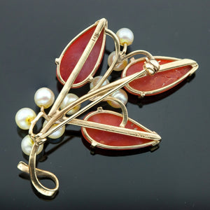 Ming's Brooch in 14K Yellow Gold with Coral and Pearls Verso Overall (6719771508893)