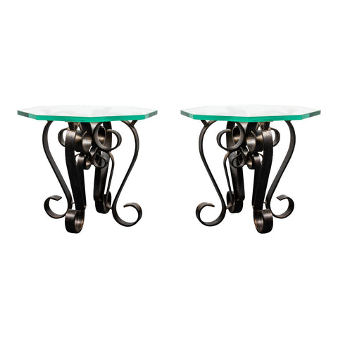 Modern Scrolled Metal & Glass Top Side Tables