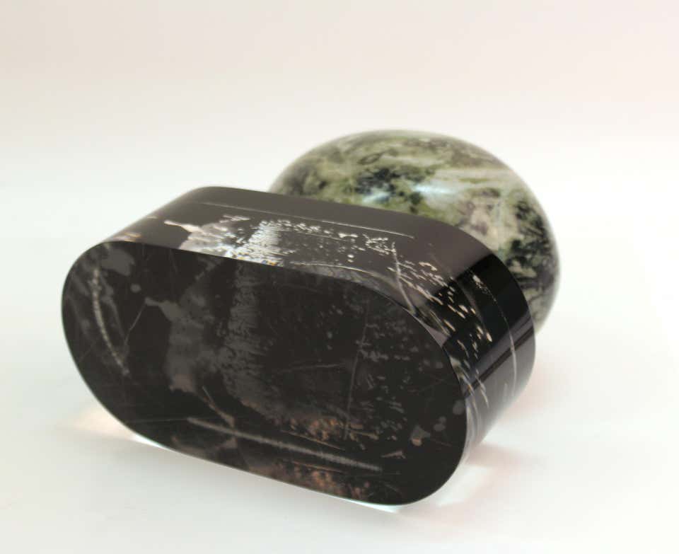 and　Modern　Carved　Black　Stone　Egg　Sculpture　Atop　Transparent　Resin　Base-NYShowplace