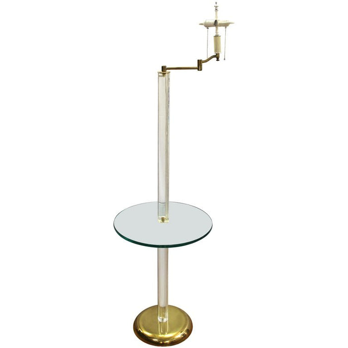 Modern Floor Lamp with Attached Side Table in Glass, Lucite and Brass