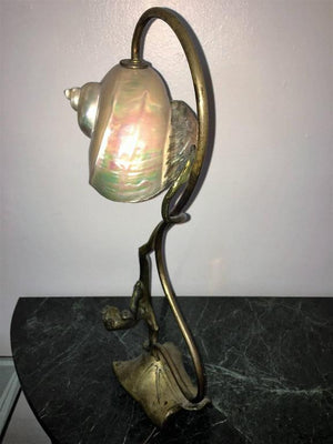 Art Nouveau Bronze Dragon Panther Lamp with Nautilus Shell Shade (6720033587357)