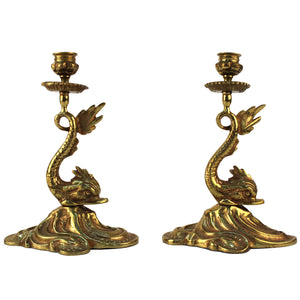 Pair of Brass Dolphin Candlestick Holders (6719750078621)