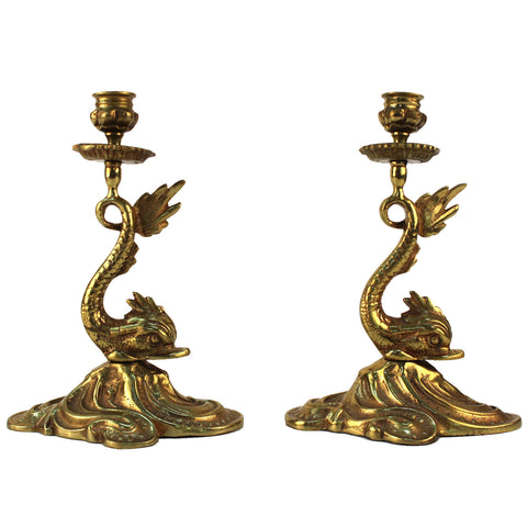 Pair of Brass Dolphin Candlestick Holders