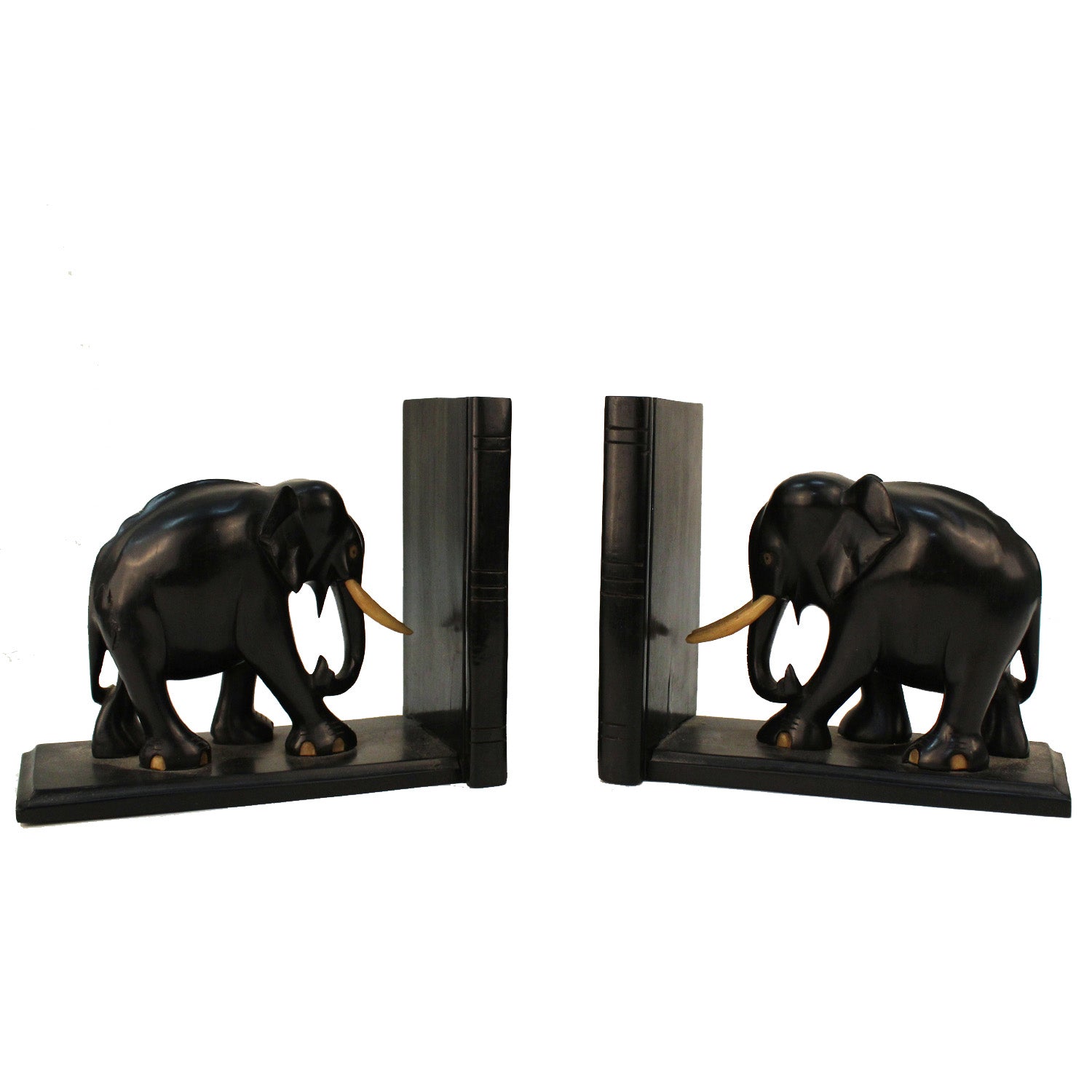 Pair of Carved Ebony Elephant Bookends-NYShowplace