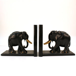 Pair of Carved Ebony Elephant Bookends (6719774490781)
