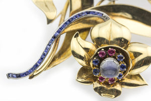 Retro Flower Brooch in Gold and Platinum with Moonstones, Rubies, and Sapphires detail (6719882756253)