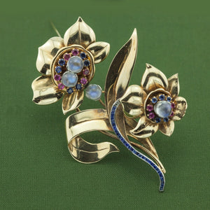 Retro Flower Brooch in Gold and Platinum with Moonstones, Rubies, and Sapphires front  (6719882756253)