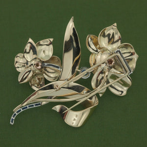 Retro Flower Brooch in Gold and Platinum with Moonstones, Rubies, and Sapphires back  (6719882756253)