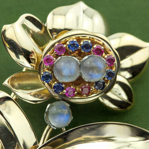 Retro Flower Brooch in Gold and Platinum with Moonstones, Rubies, and Sapphires detail (6719882756253)