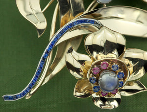  Retro Flower Brooch in Gold and Platinum with Moonstones, Rubies, and Sapphires detail (6719882756253)