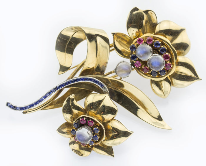 Retro Flower Brooch in Gold and Platinum with Moonstones, Rubies, and Sapphires