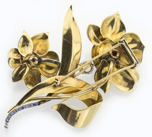 Retro Flower Brooch in Gold and Platinum with Moonstones, Rubies, and Sapphires back  (6719882756253)
