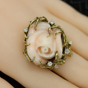 Ring in Gold with Carved Angel Skin Coral Rose and Diamonds Top View (6719963398301)