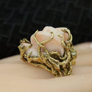 Ring in Gold with Carved Angel Skin Coral Rose and Diamonds Side View (6719963398301)