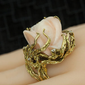 Ring in Gold with Carved Angel Skin Coral Rose and Diamonds Side View 2 (6719963398301)