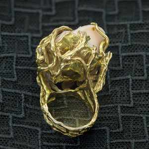 Ring in Gold with Carved Angel Skin Coral Rose and Diamonds Bottom View (6719963398301)