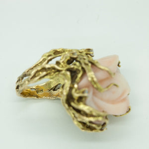 Ring in Gold with Carved Angel Skin Coral Rose and Diamonds side View 3 (6719963398301)