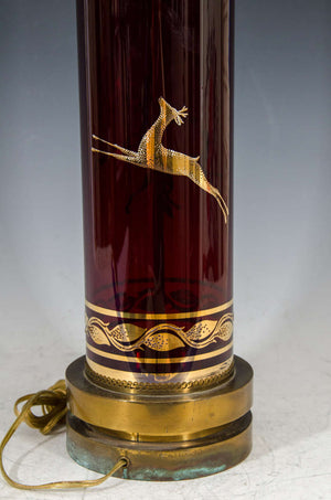 Table Lamp in Ruby Colored Glass with Classically Inspired Design Depicting a Woman and Dog (6719578833053)