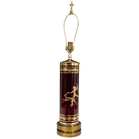 Table Lamp in Ruby Colored Glass with Classically Inspired Design Depicting a Woman and Dog