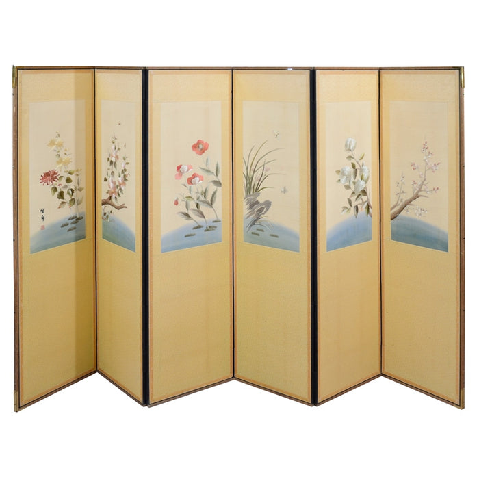 Art Deco Era Six-Panel Screen with Embroidered Floral Motif