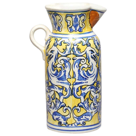 Spanish Majolica Jug or Floor Vase in Blue and Yellow