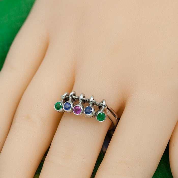 White Gold Ring with Diamonds, Emeralds, and Blue and Pink Sapphires