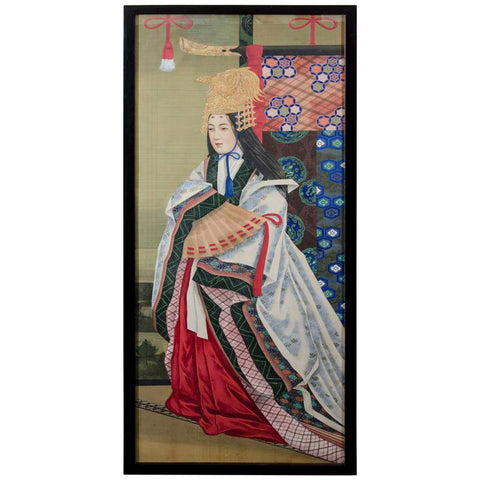 Meiji Period Japanese Imperial Painting on Silk, with Woman in Headdress