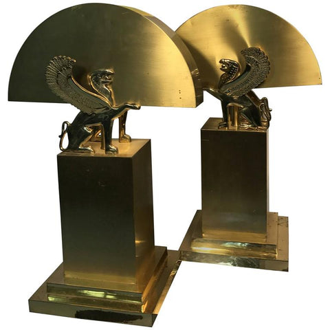 Versace Style Brass Table Lamps with Winged Lions