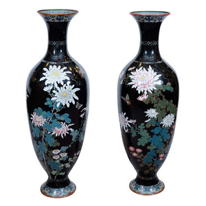 Japanese Meiji Period Black Cloisonne Vases with Floral Motif, Pair (6719681560733)
