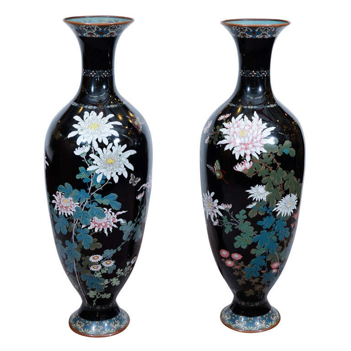 Japanese Meiji Period Black Cloisonne Vases with Floral Motif, Pair