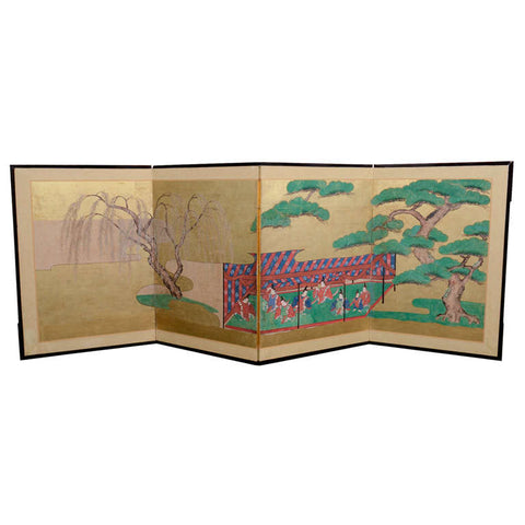 Japanese Edo Period Four Panel Screen with Eight Samurai