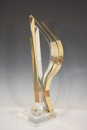 Kinetic Flame Sculpture in Brass and Chrome on Lucite Base by Dan Murphy, Signed (6719603015837)